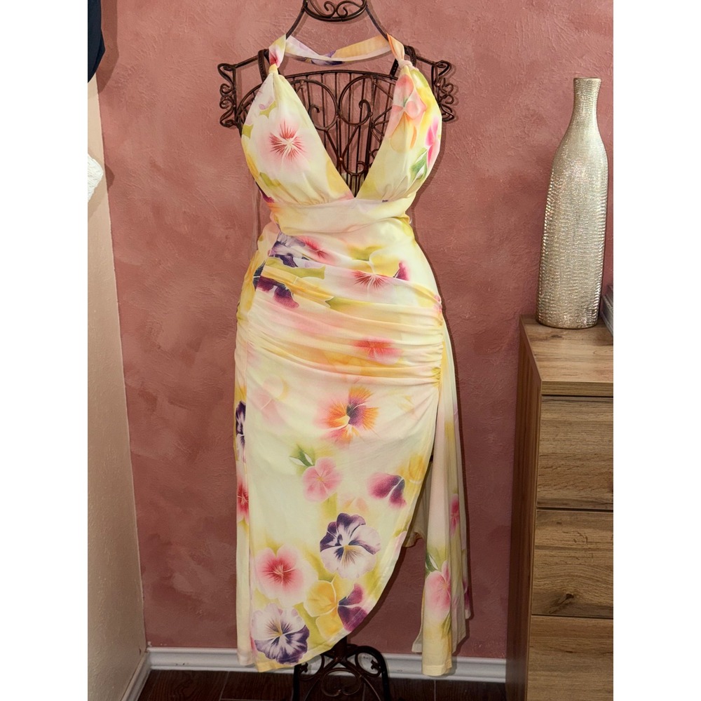 Fashion Nova Yellow Floral Halter Midi Dress Ruched Asymmetrical Slit Medium